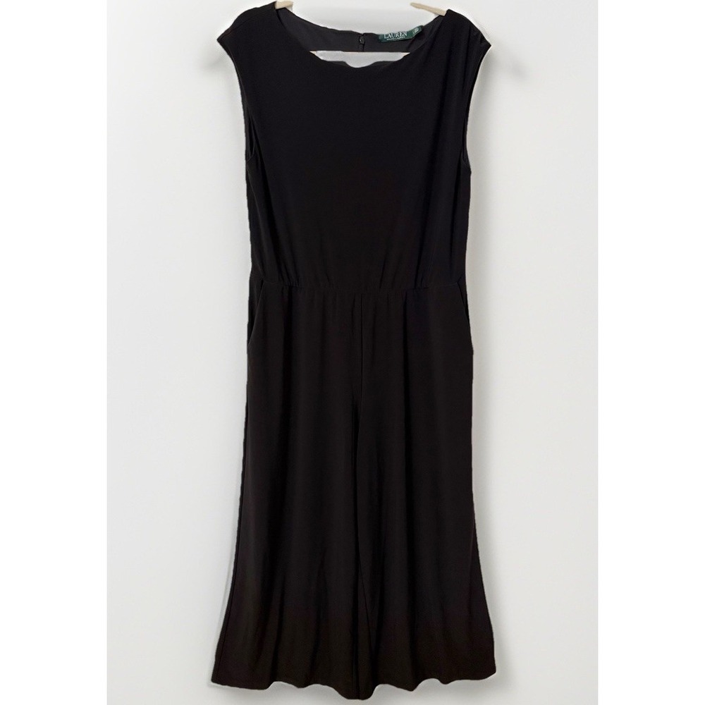 Lauren Ralph Lauren Jumpsuit Womens L Black Sleeveless Crew Neck Wide Leg